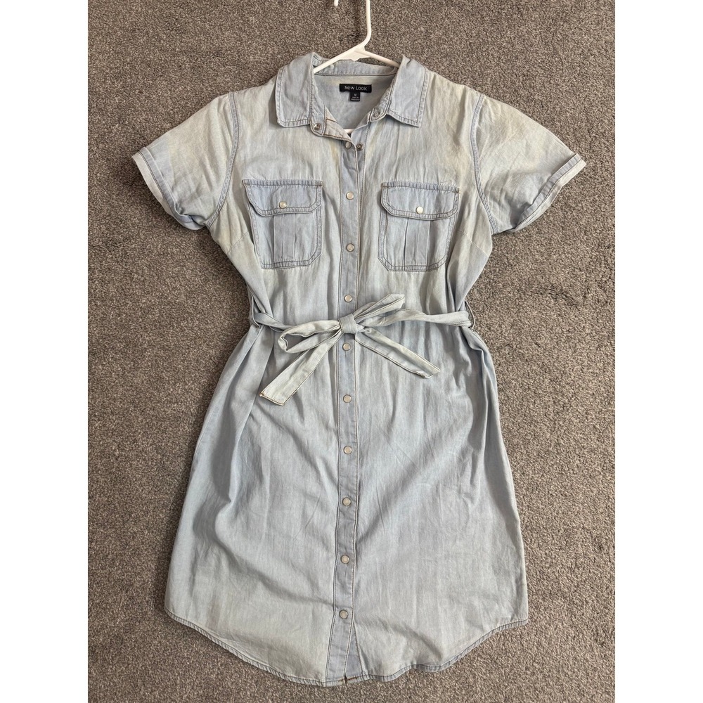 New Look Women Light Wash Denim Button Up Short Sleeve Tie Waist Shirt Dress M